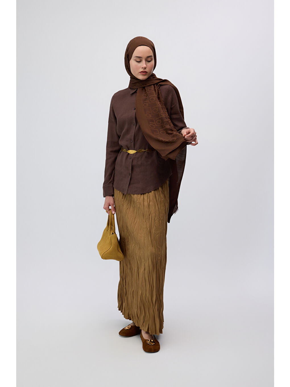 Kahverengi İpek Jakar Monogram Şal Acı Kahve-5