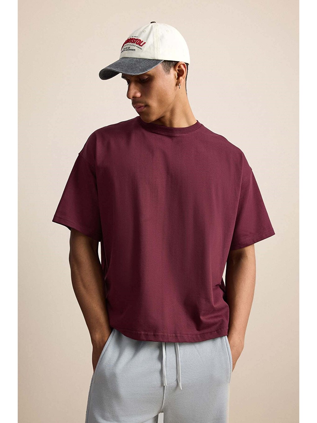 Erkek Boxy Fit Basic %100 Pamuklu Tişört Kırmızı-4