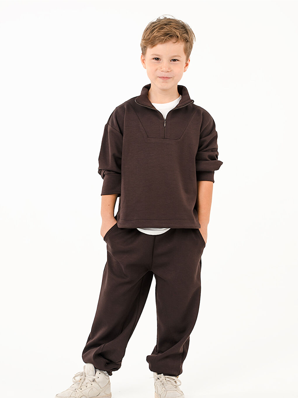 Kahverengi Erkek Çocuk Zipper Kahve Modal Eşofman Takım-1