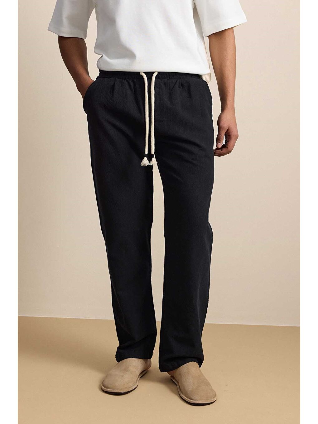 Erkek Baggy Fit Halat Kordonlu Keten Görünümlü Pantolon Siyah-2