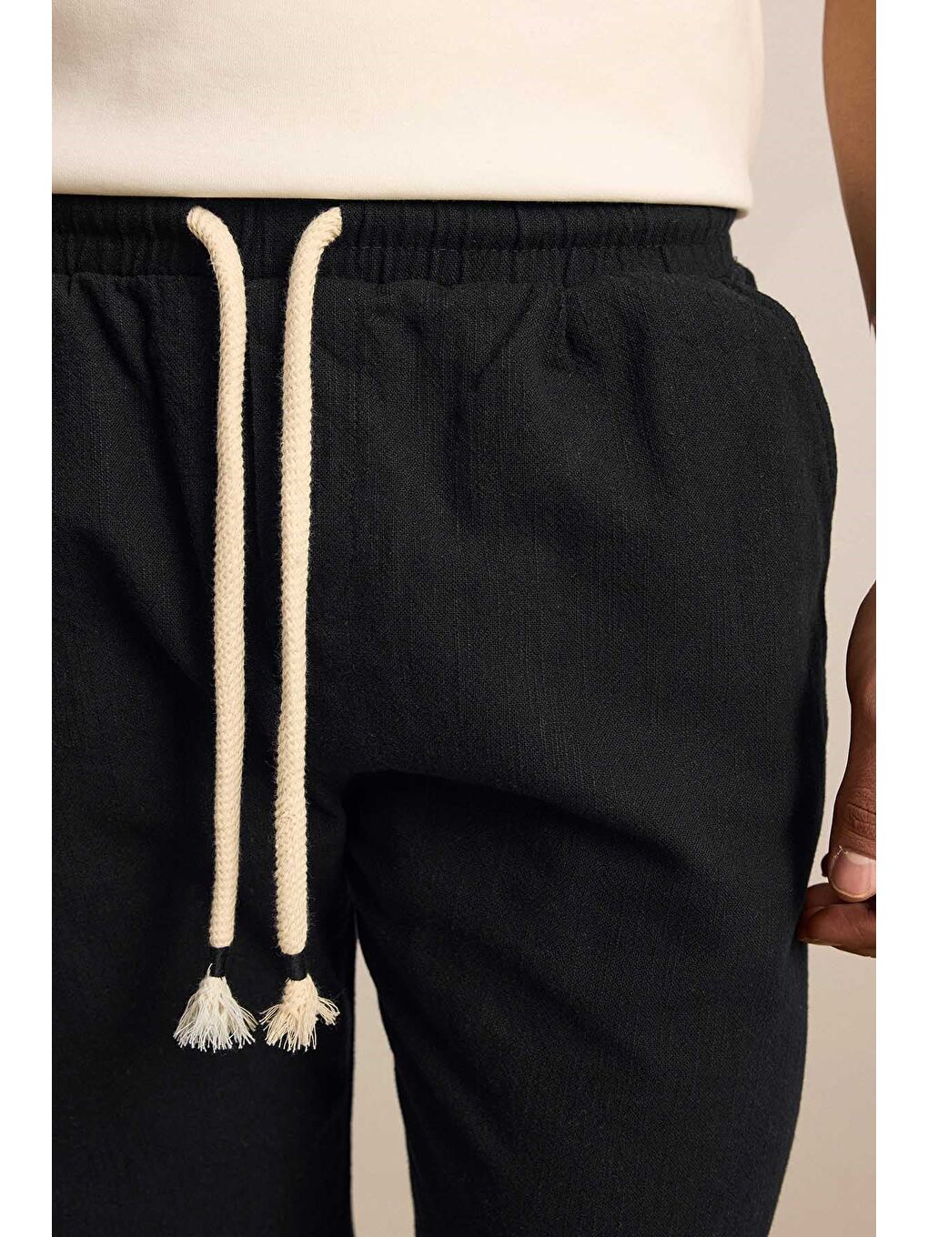 Erkek Baggy Fit Halat Kordonlu Keten Görünümlü Pantolon Siyah-3