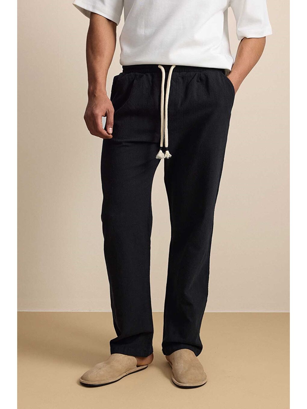 Erkek Baggy Fit Halat Kordonlu Keten Görünümlü Pantolon Siyah-4
