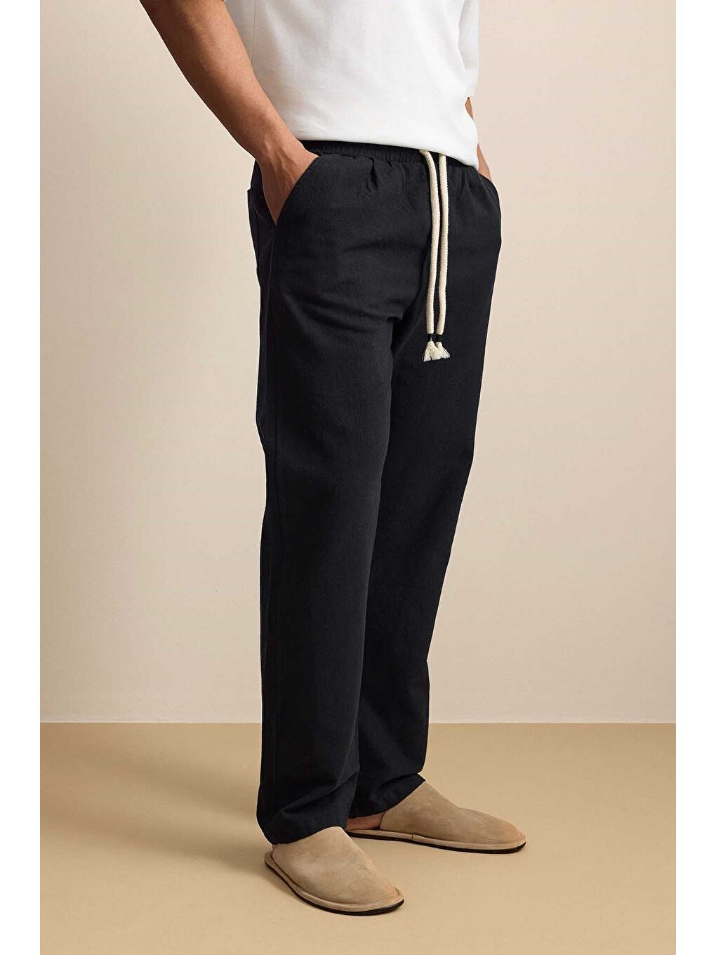 Erkek Baggy Fit Halat Kordonlu Keten Görünümlü Pantolon Siyah-5