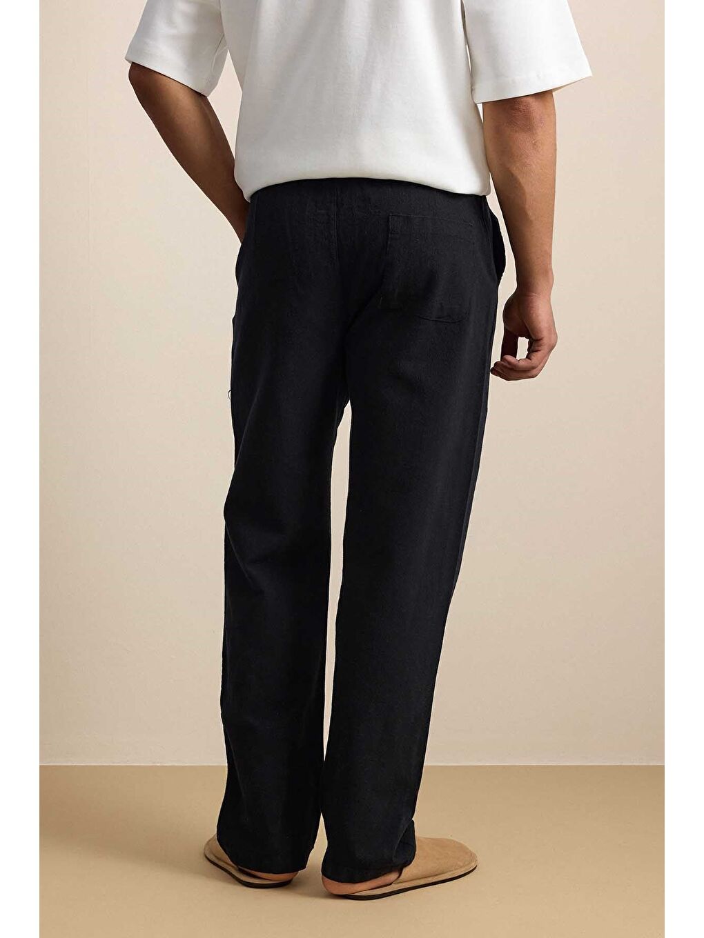 Erkek Baggy Fit Halat Kordonlu Keten Görünümlü Pantolon Siyah-6