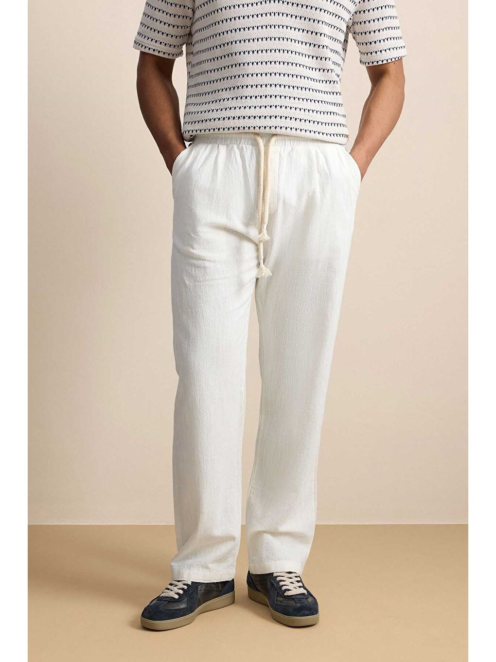 Erkek Baggy Fit Halat Kordonlu Keten Görünümlü Pantolon Ekru-2