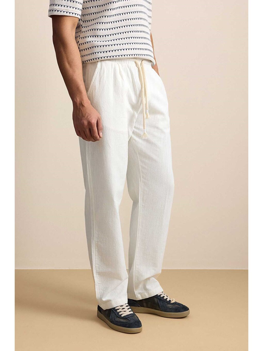 Erkek Baggy Fit Halat Kordonlu Keten Görünümlü Pantolon Ekru-3