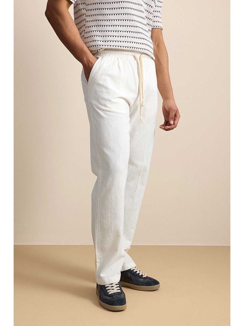 Erkek Baggy Fit Halat Kordonlu Keten Görünümlü Pantolon Ekru-4