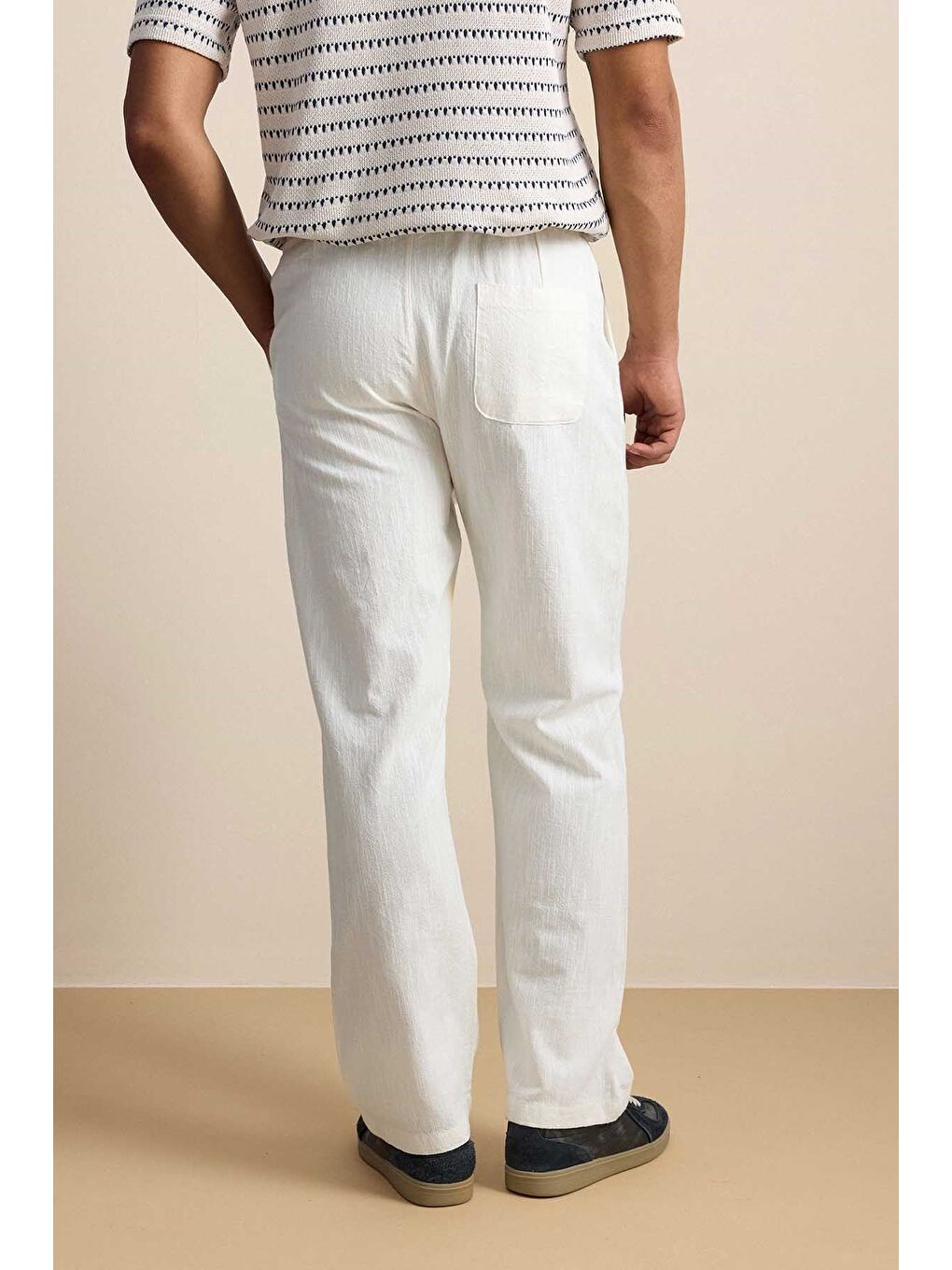 Erkek Baggy Fit Halat Kordonlu Keten Görünümlü Pantolon Ekru-5
