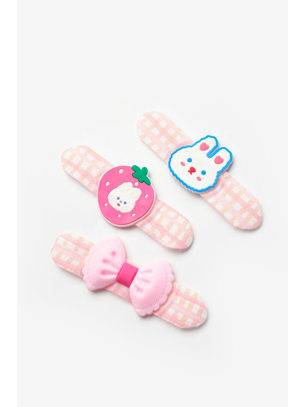 Pembe Somon Ekoseli Figürlü 3'lü Kız Çocuk Toka Set-1