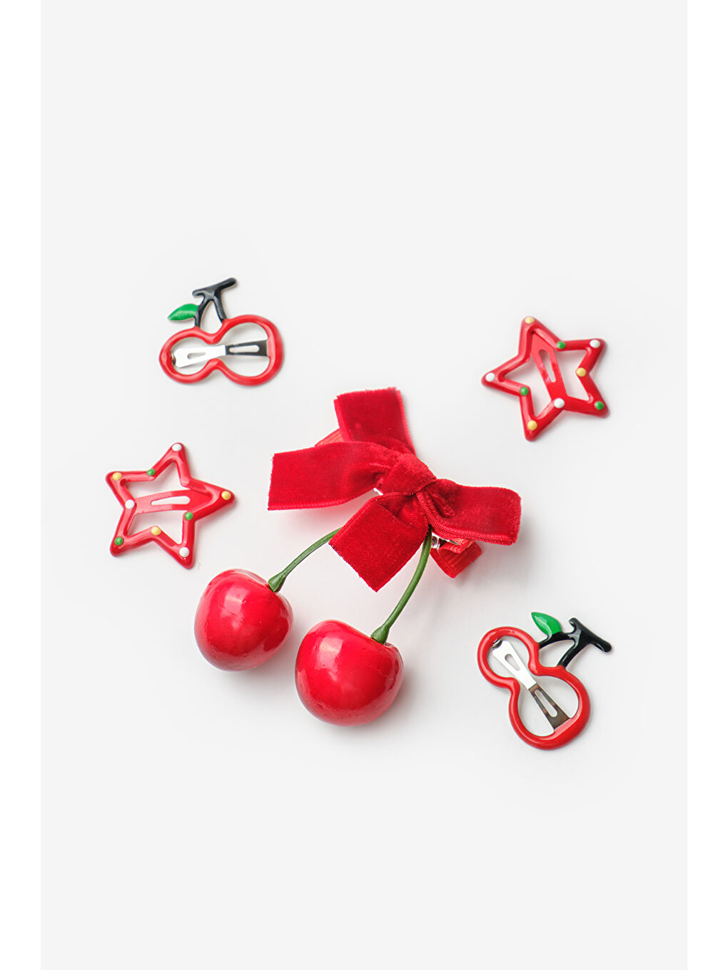 Kırmızı Kadife Fiyonklu Kiraz Detaylı Kız Çocuk 5'li Toka Set-1