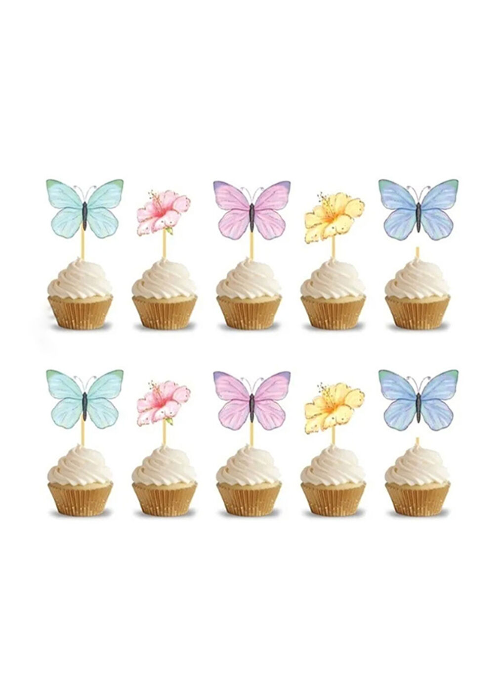 Karışık Çok Renkli Çiçek ve Kelebek Figürlü 10'lu Kürdan Pasta Süsü Set-1