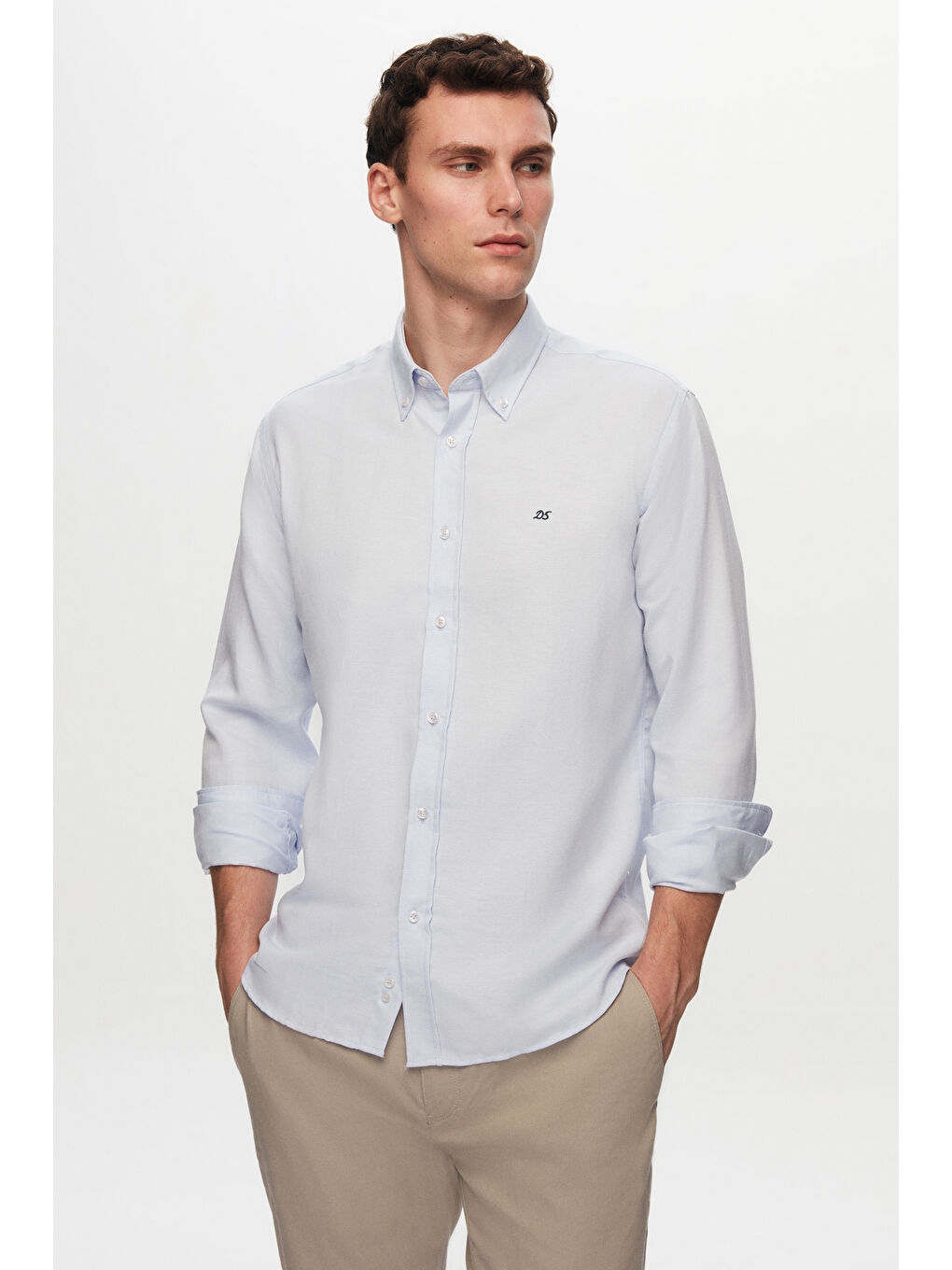 Slim Fit Mavi Oxford Düğmeli Yaka Kolay Ütülenebilir Nakış Detaylı Pamuklu Gömlek-2