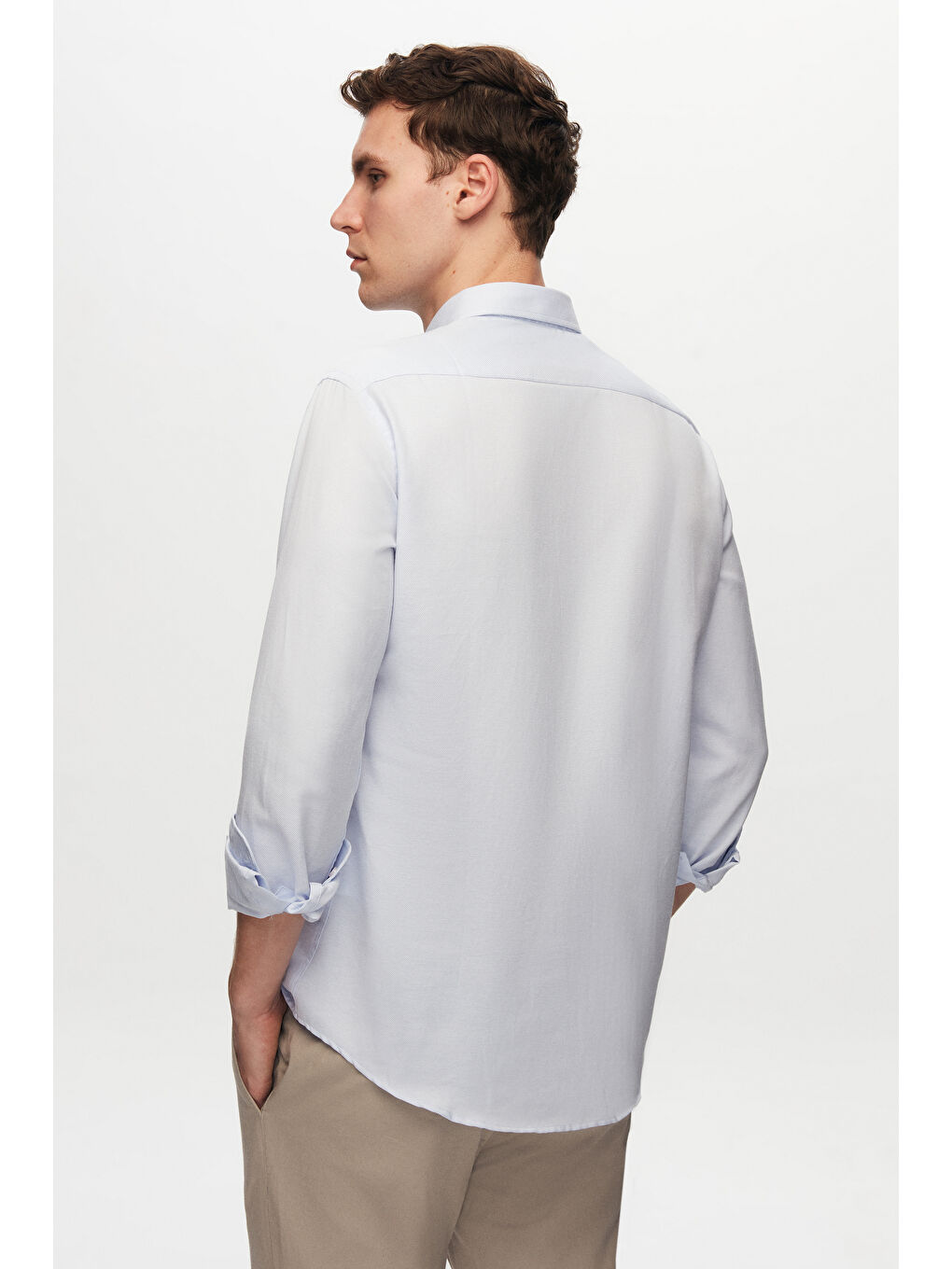 Slim Fit Mavi Oxford Düğmeli Yaka Kolay Ütülenebilir Nakış Detaylı Pamuklu Gömlek-3