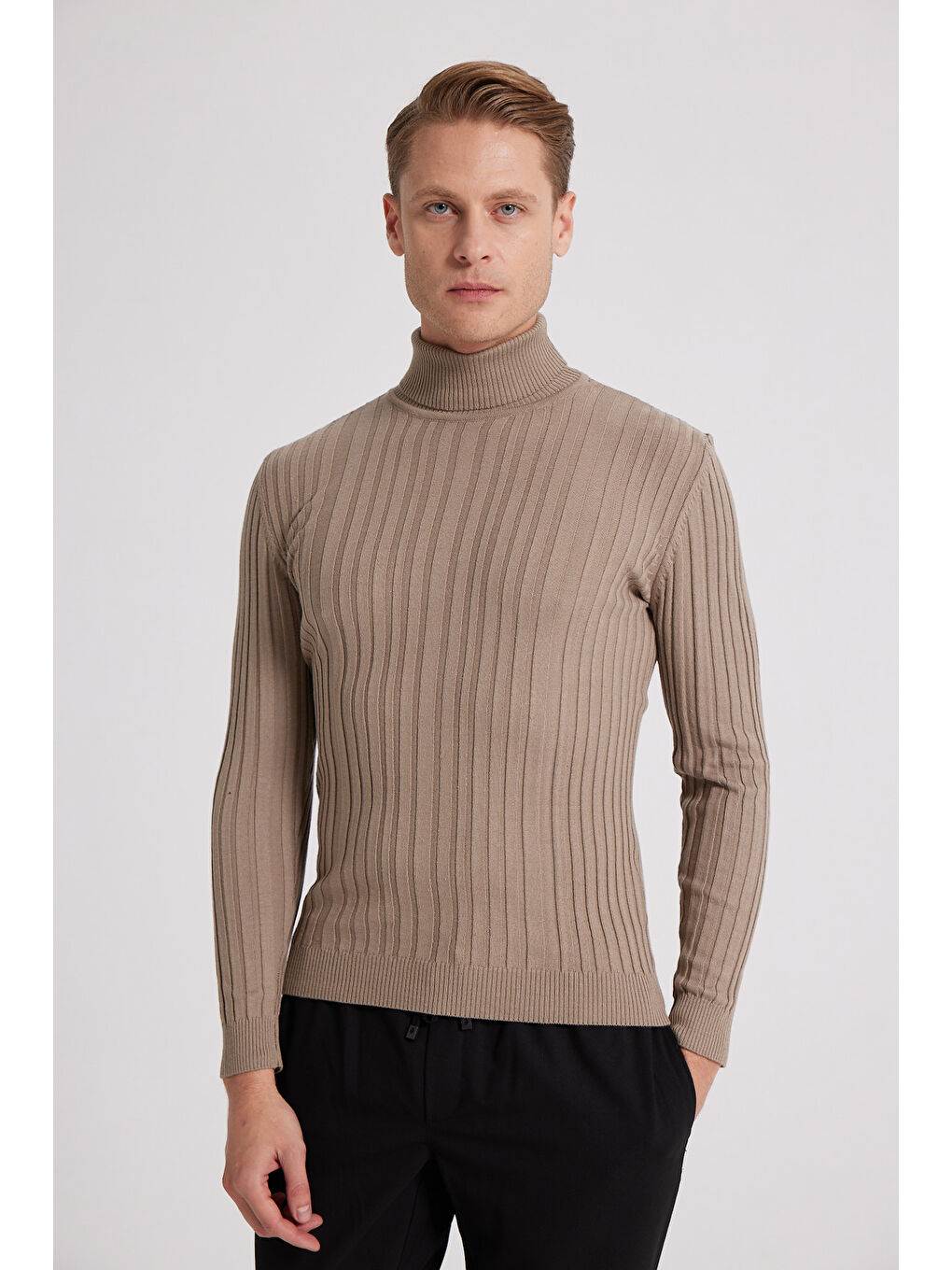 Slim Fit Bej Fitilli Pamuk Karışımlı Boğazlı Triko Kazak-5