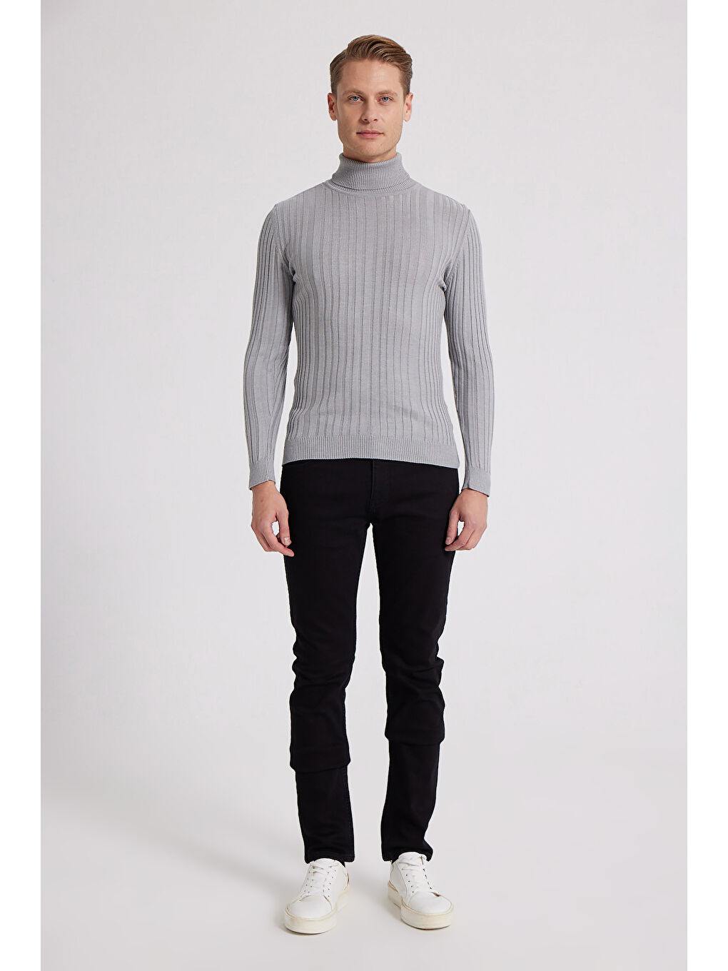 Slim Fit Gri Fitilli Pamuk Karışımlı Boğazlı Triko Kazak-4