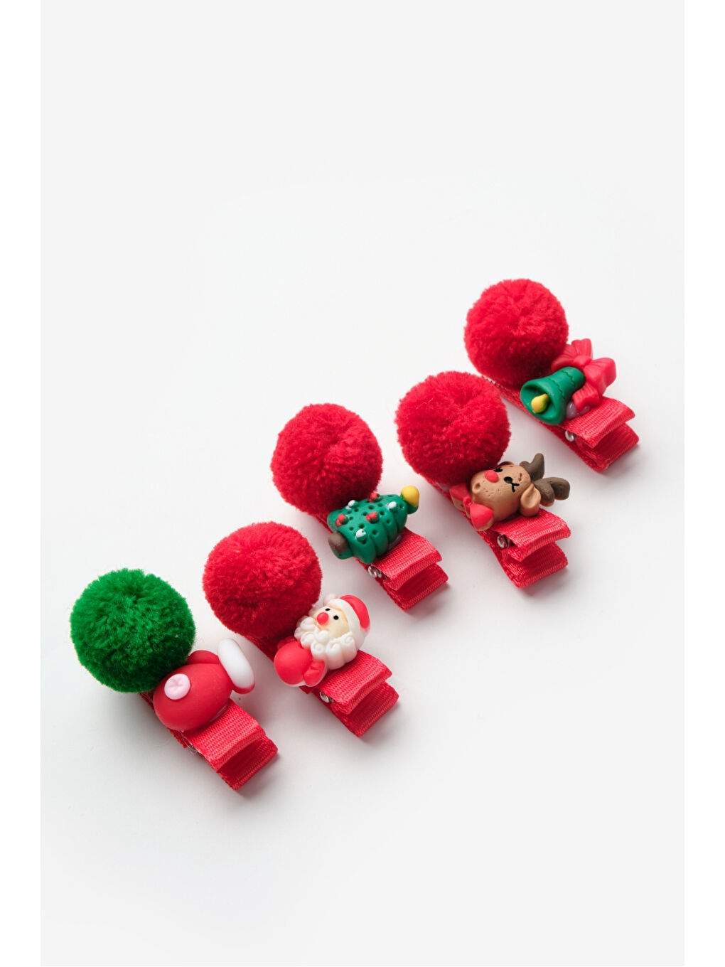 Kırmızı Ponponlu Yılbaşı 5'li Kız Çocuk Toka Set-1
