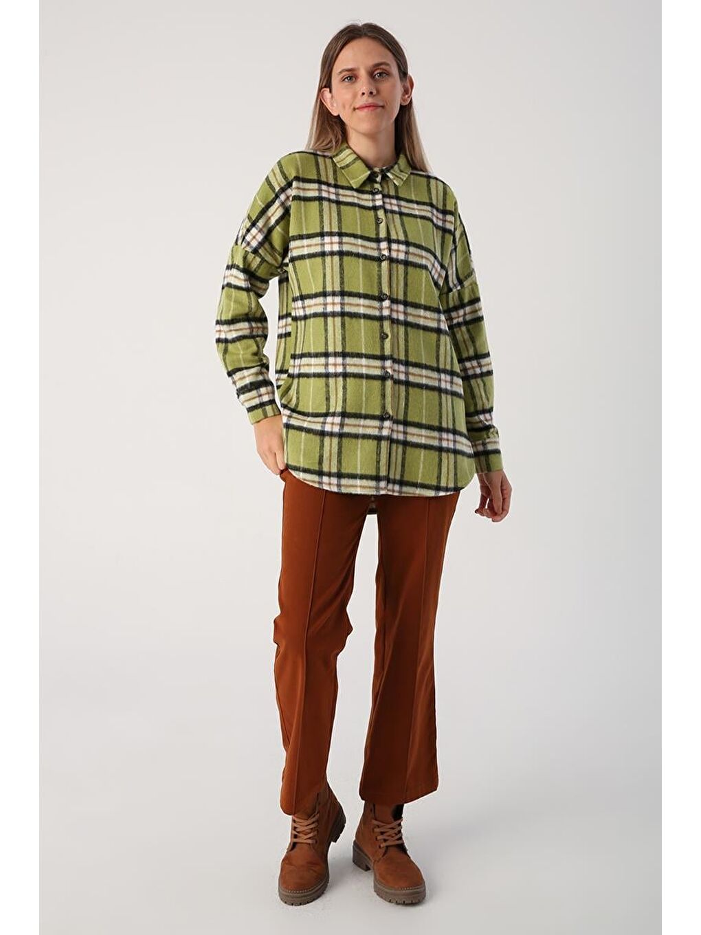 Yeşil-Siyah Oversize Oduncu Gömlek Tunik-3