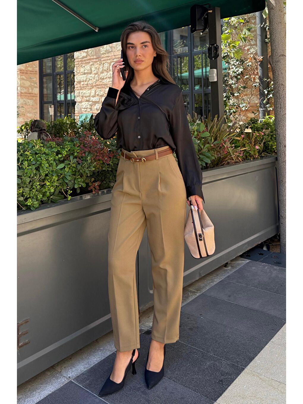 Haki Yüksek Bel Pileli Kadın Kumaş Pantolon Mg2507