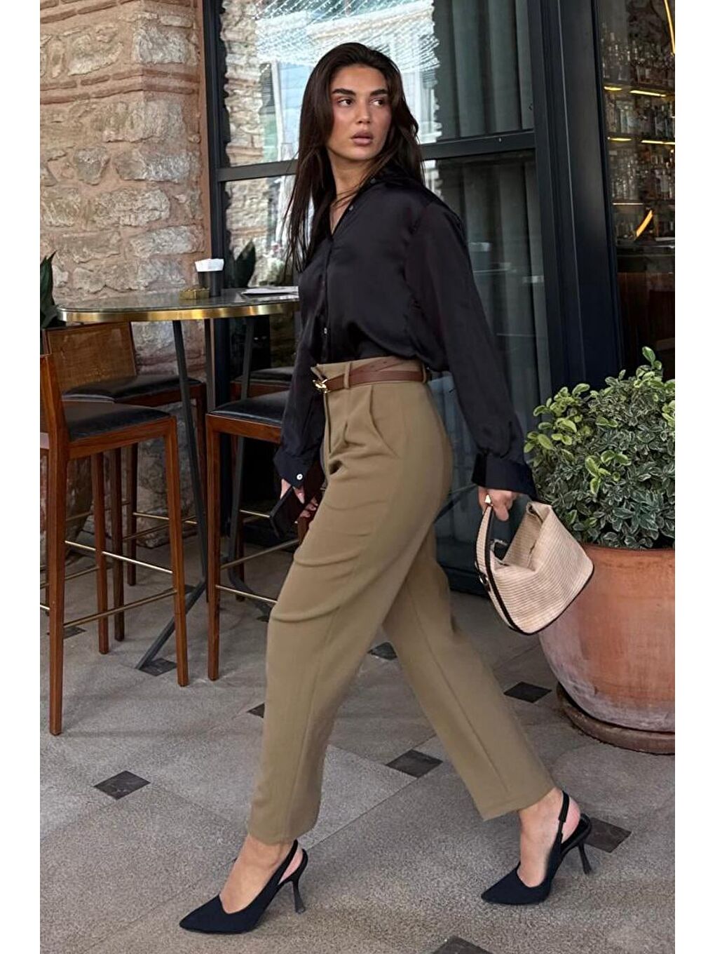 Haki Yüksek Bel Pileli Kadın Kumaş Pantolon Mg2507-1