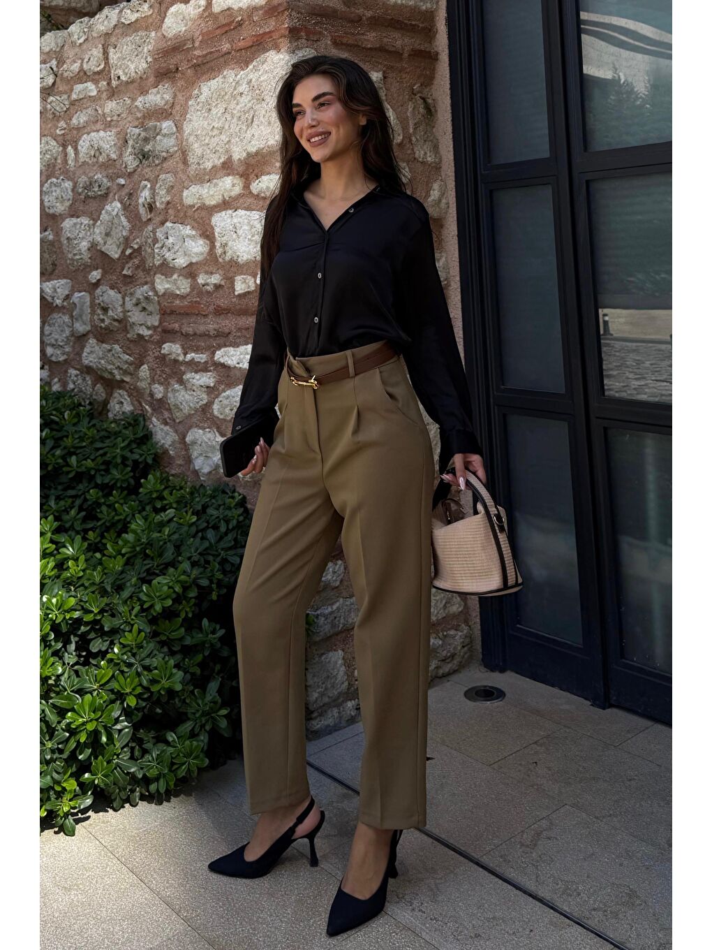 Haki Yüksek Bel Pileli Kadın Kumaş Pantolon Mg2507-4