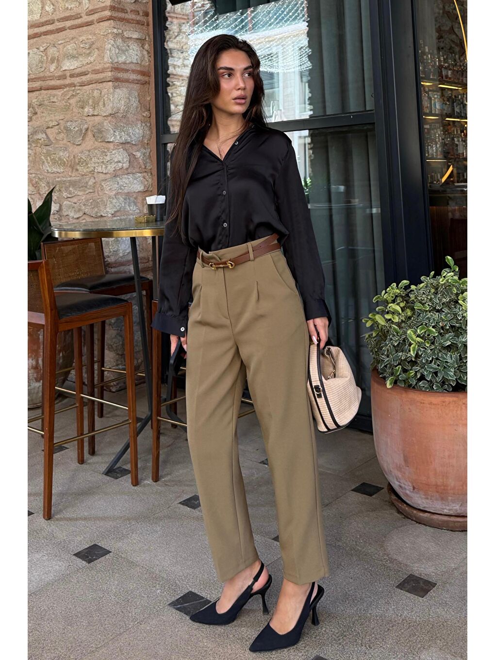 Haki Yüksek Bel Pileli Kadın Kumaş Pantolon Mg2507-5