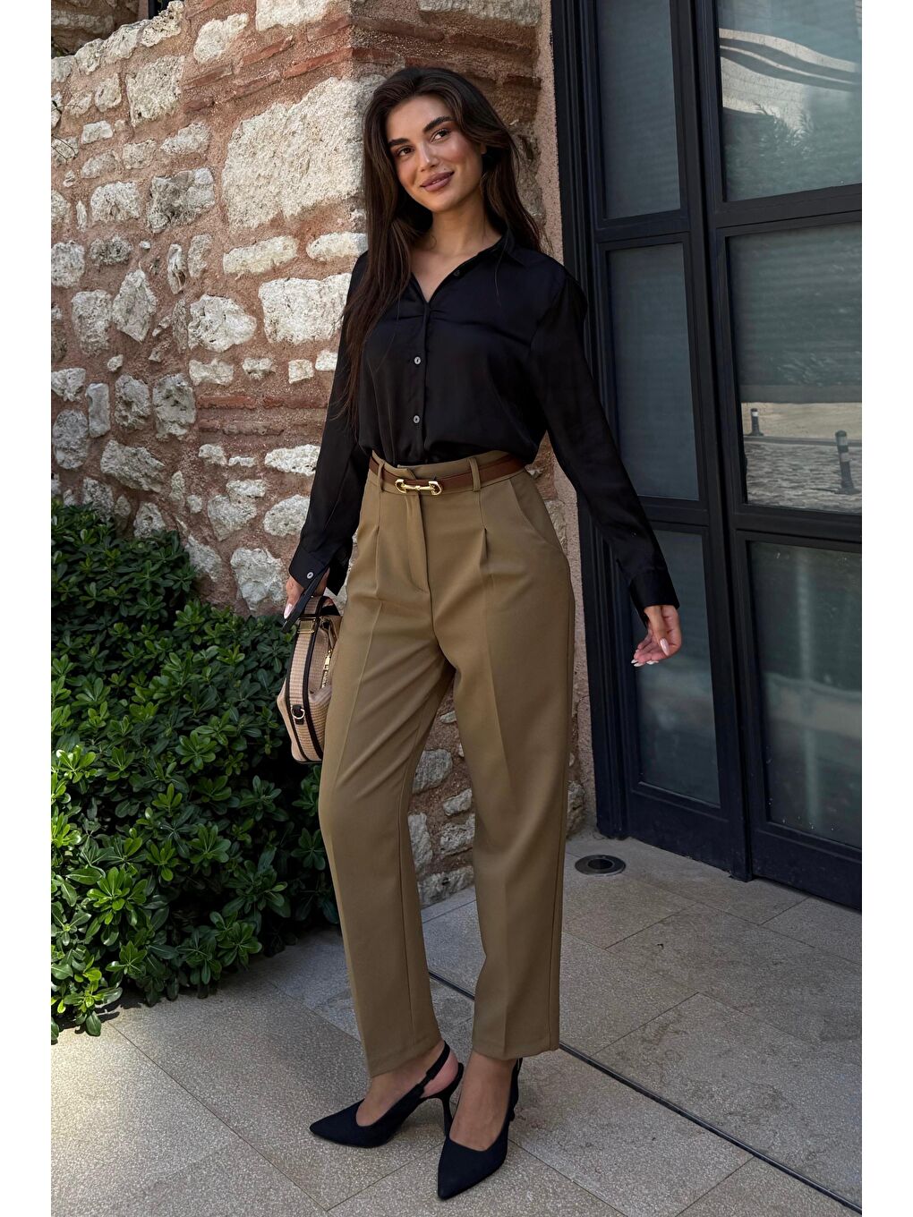Haki Yüksek Bel Pileli Kadın Kumaş Pantolon Mg2507-6
