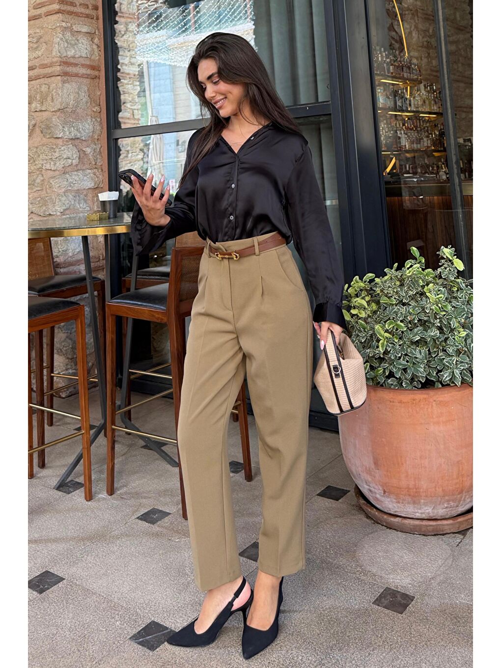 Haki Yüksek Bel Pileli Kadın Kumaş Pantolon Mg2507-7