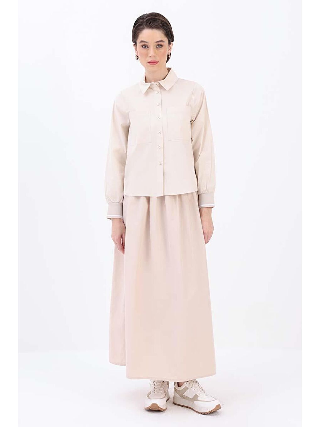 Bej Taş Pamuklu Manşeti Ribanalı Cepli Gömlek-1
