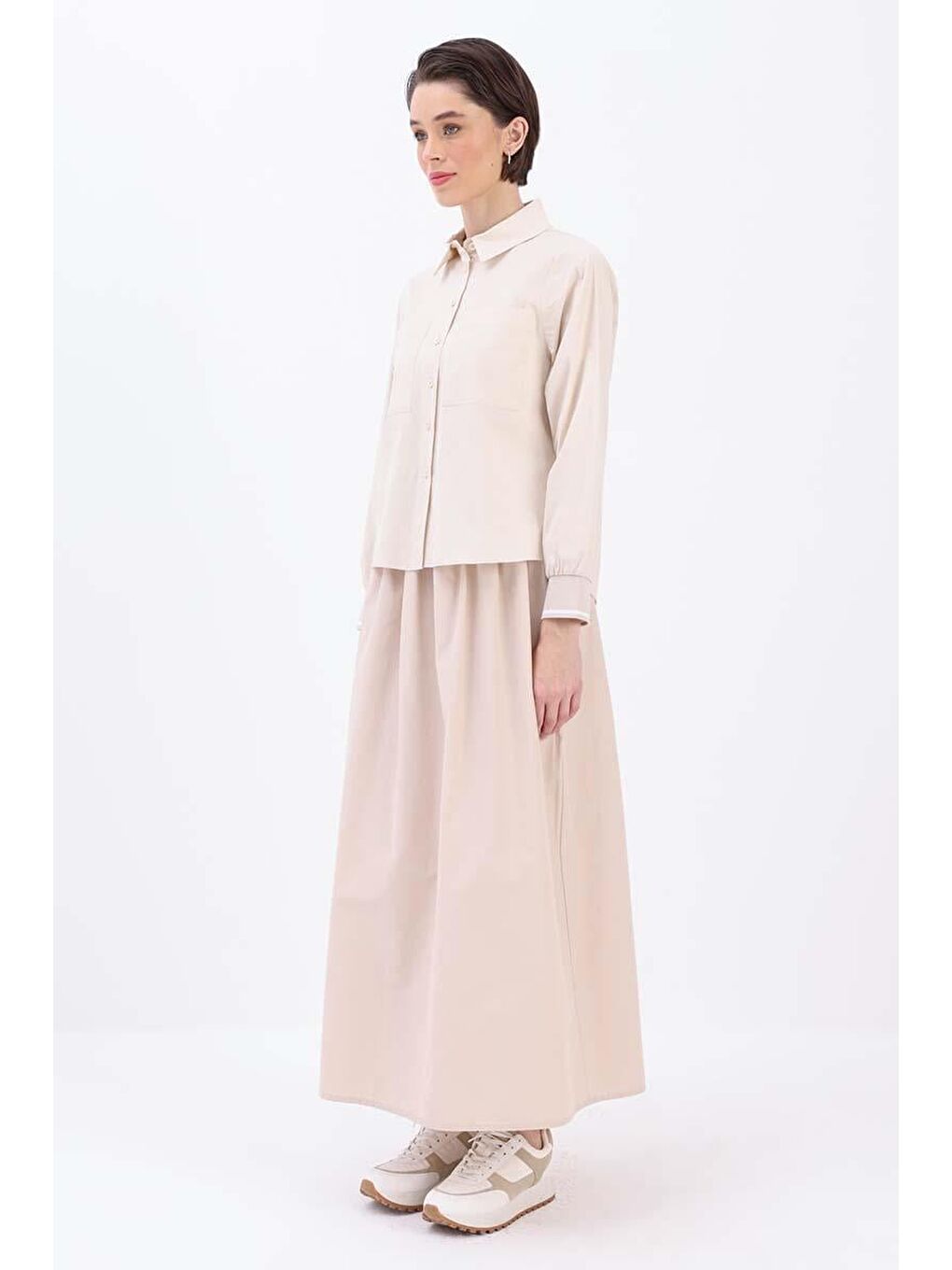 Bej Taş Pamuklu Manşeti Ribanalı Cepli Gömlek-2