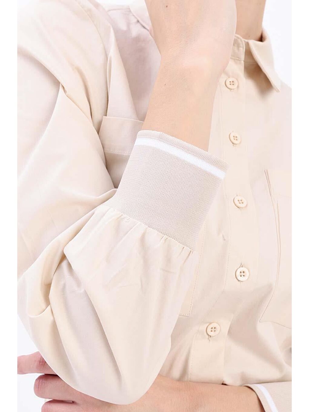 Bej Taş Pamuklu Manşeti Ribanalı Cepli Gömlek-4
