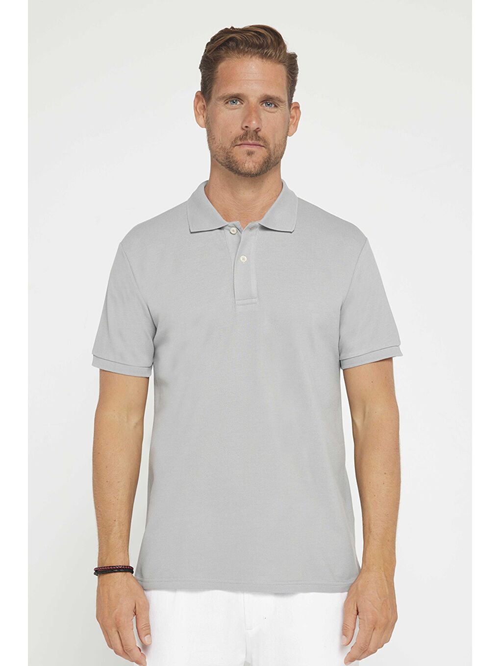 Erkek Slim Fit Dar Kesim %100 Pamuk Düz Pike Gri Polo Yaka Tişört-1