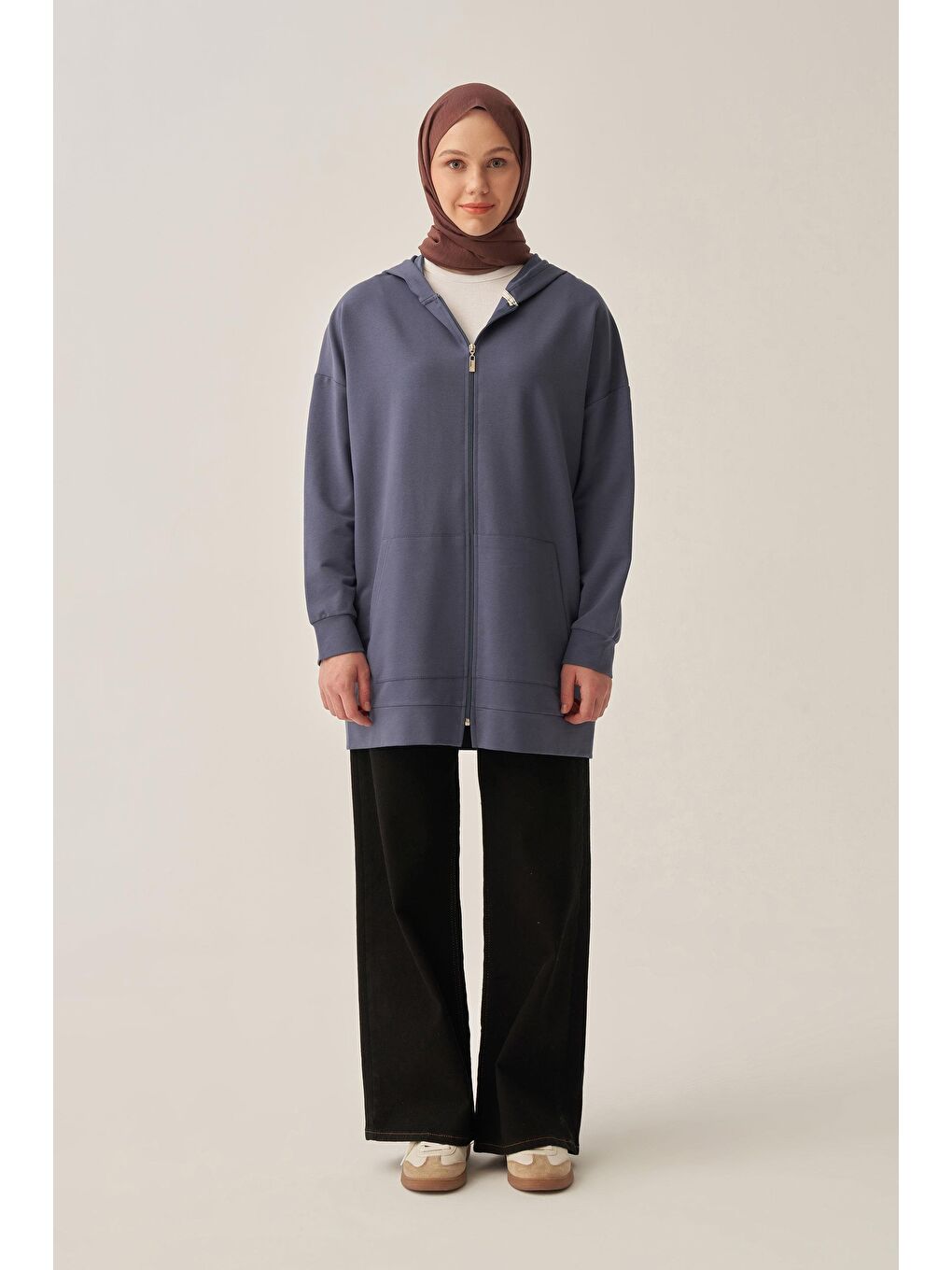 Mavi Kapüşonlu Fermuarlı Sweat-1