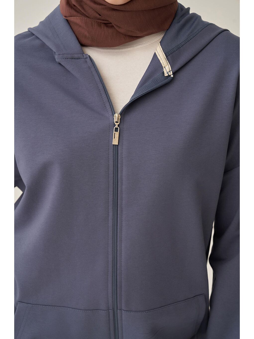 Mavi Kapüşonlu Fermuarlı Sweat-3