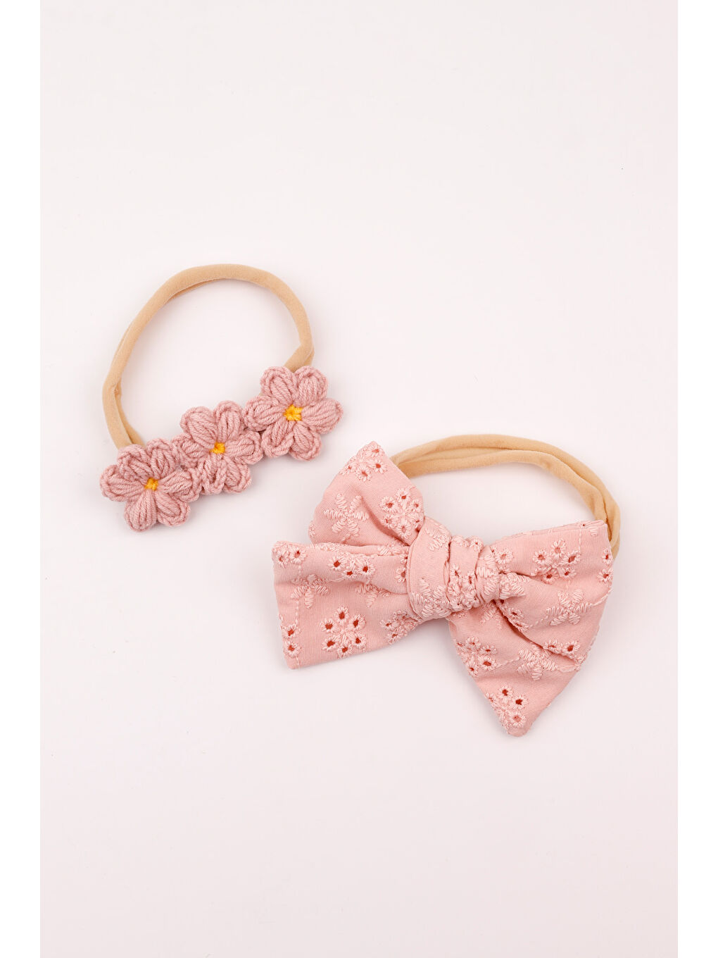 Pembe Gülkurusu Fisto Fiyonk Örgü Çiçek 2'li Kız Çocuk Saç Bandı Set-1