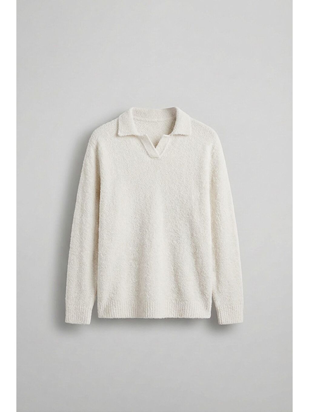 Erkek Polo Yaka Yumuşak Dokulu Oversize Kazak Ekru