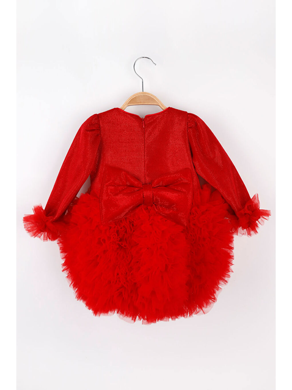 Kırmızı Uzun Kollu Tütülü Kız Bebek Prenses Elbise - Asel-1