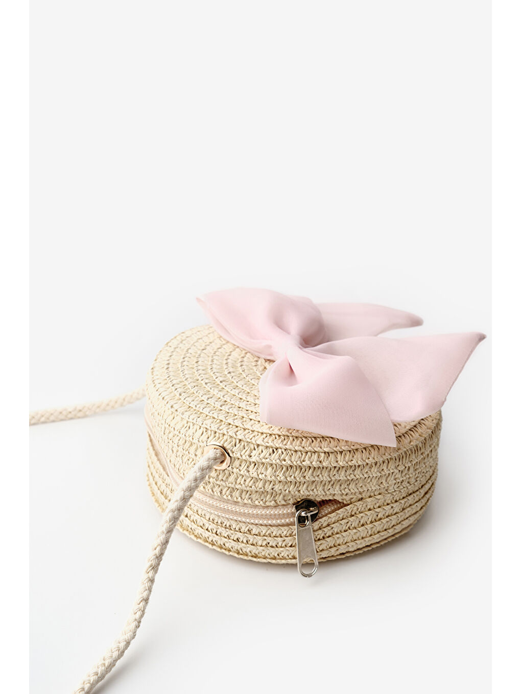 Pembe Pudra Fiyonklu Kız Çocuk Hasır Çanta-1