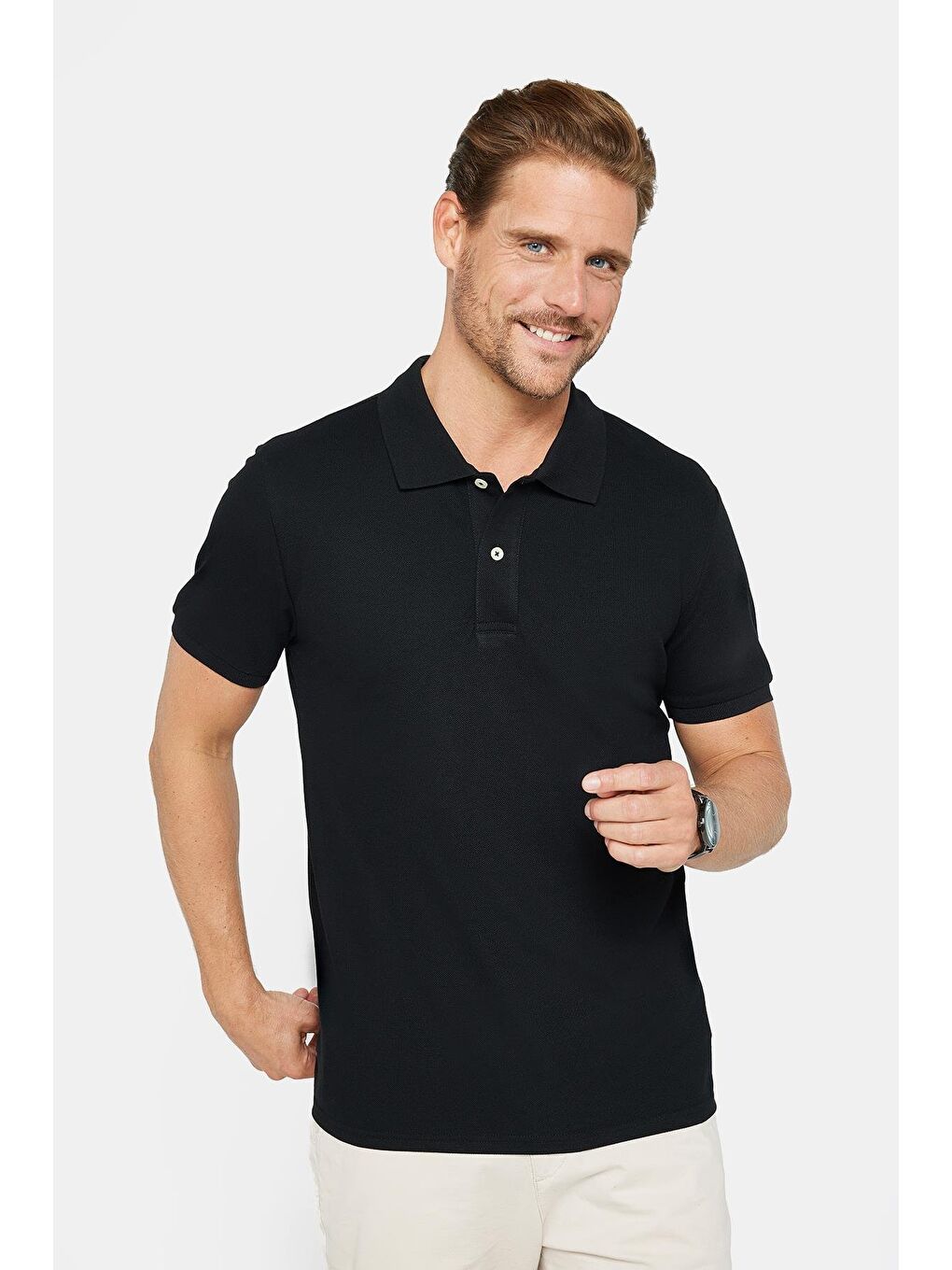 Erkek Slim Fit Dar Kesim %100 Pamuk Düz Pike Siyah Polo Yaka Tişört