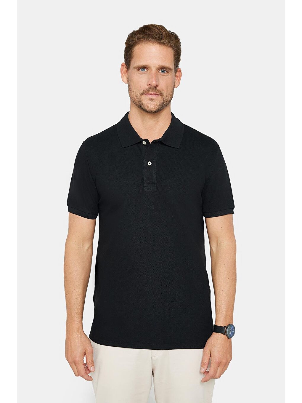 Erkek Slim Fit Dar Kesim %100 Pamuk Düz Pike Siyah Polo Yaka Tişört-1
