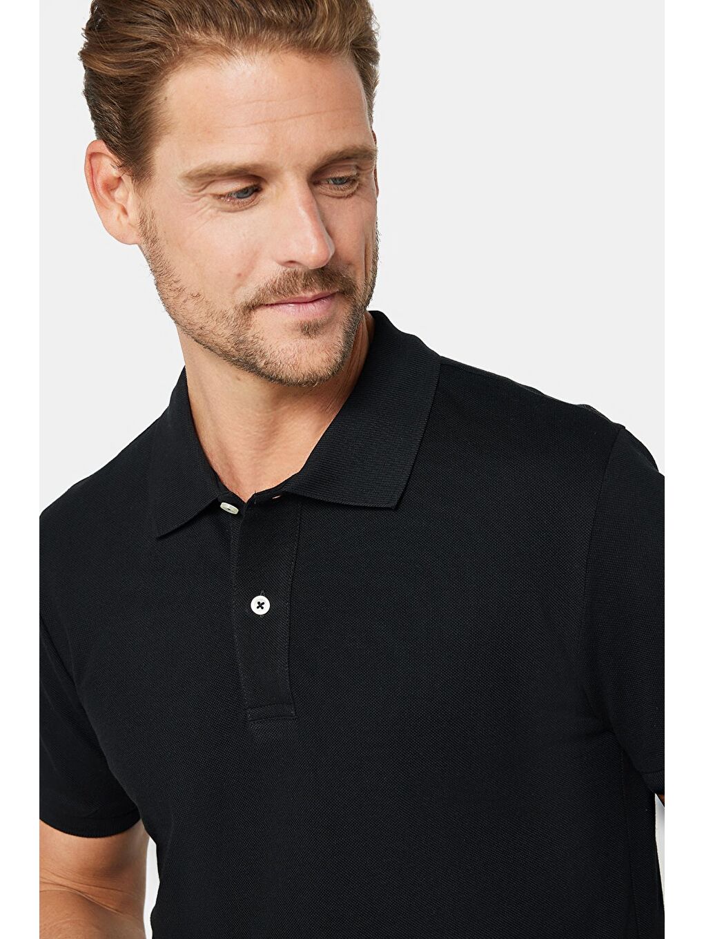 Erkek Slim Fit Dar Kesim %100 Pamuk Düz Pike Siyah Polo Yaka Tişört-3