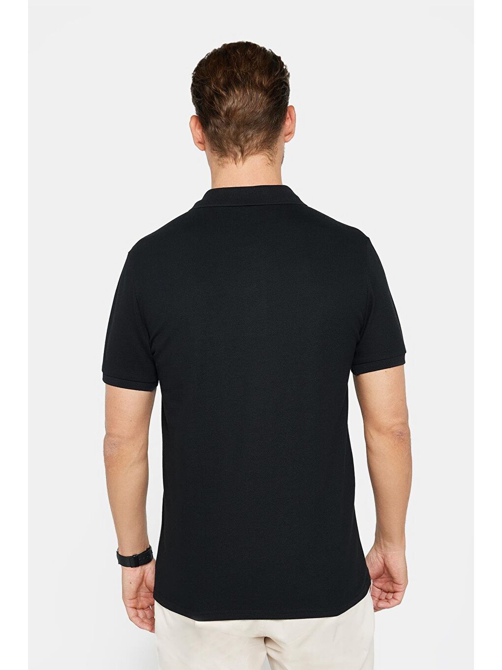 Erkek Slim Fit Dar Kesim %100 Pamuk Düz Pike Siyah Polo Yaka Tişört-5