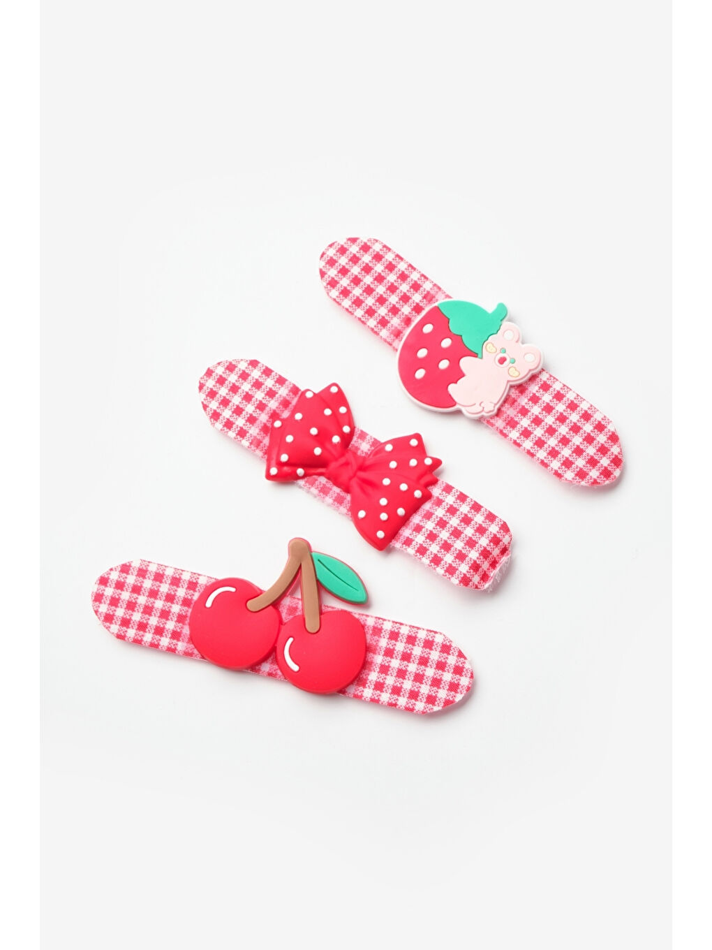 Kırmızı Ekoseli Figürlü 3'lü Kız Çocuk Toka Set-1