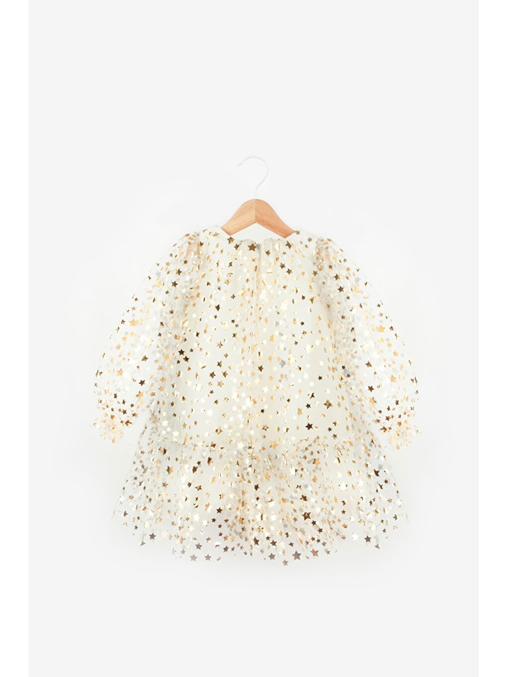 Ekru Balon Kollu Yıldız Baskılı Kız Çocuk Elbise - Daria-4