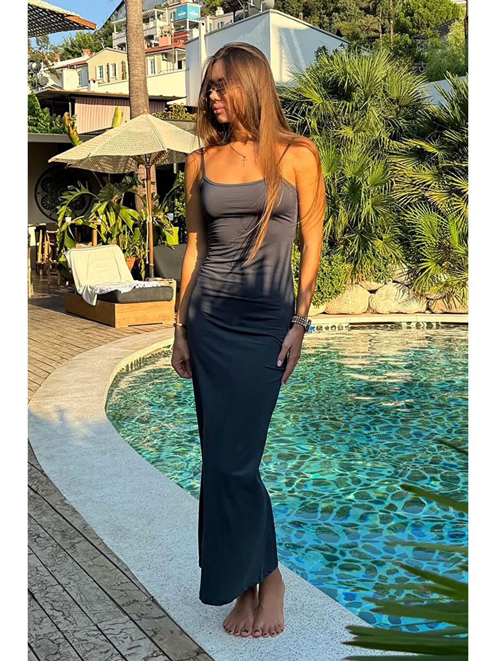 Gri Füme Uzun Asklı Basic Elbise Mg1852-3