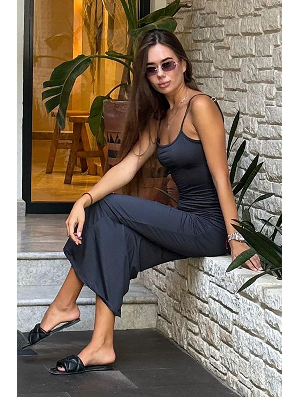 Gri Füme Uzun Asklı Basic Elbise Mg1852-7