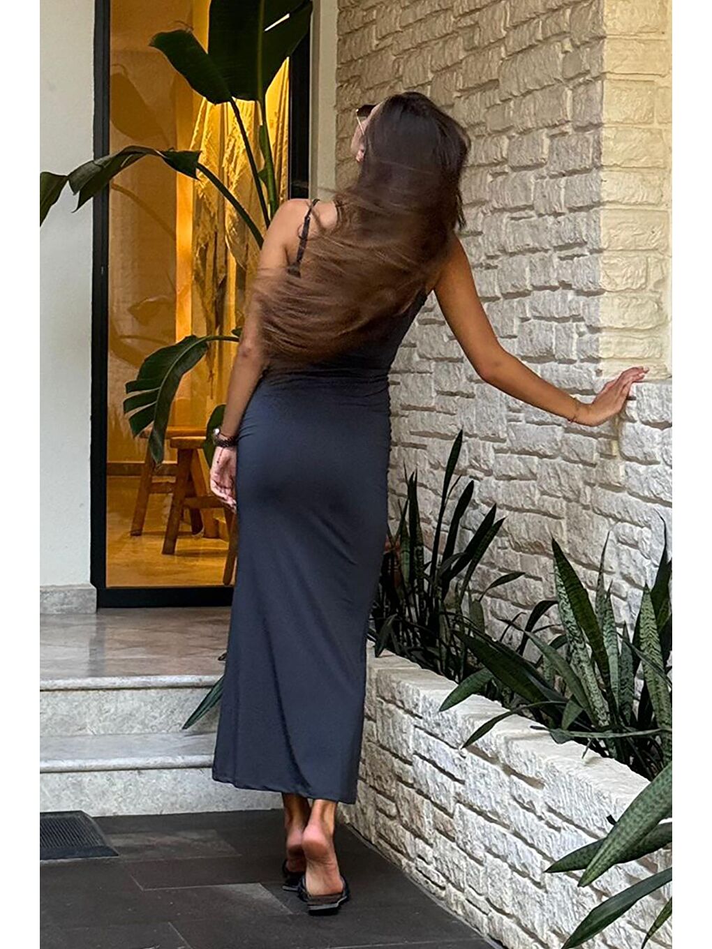 Gri Füme Uzun Asklı Basic Elbise Mg1852-10