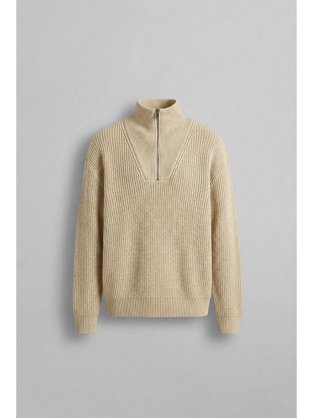 Erkek Yarım Fermuarlı Örme Kazak Bej