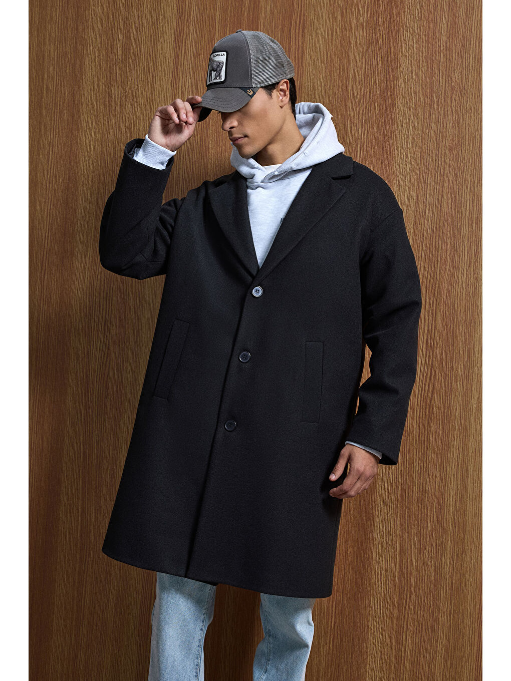 Erkek Oversize Uzun İtalyan Kaşe Kaban Siyah-3