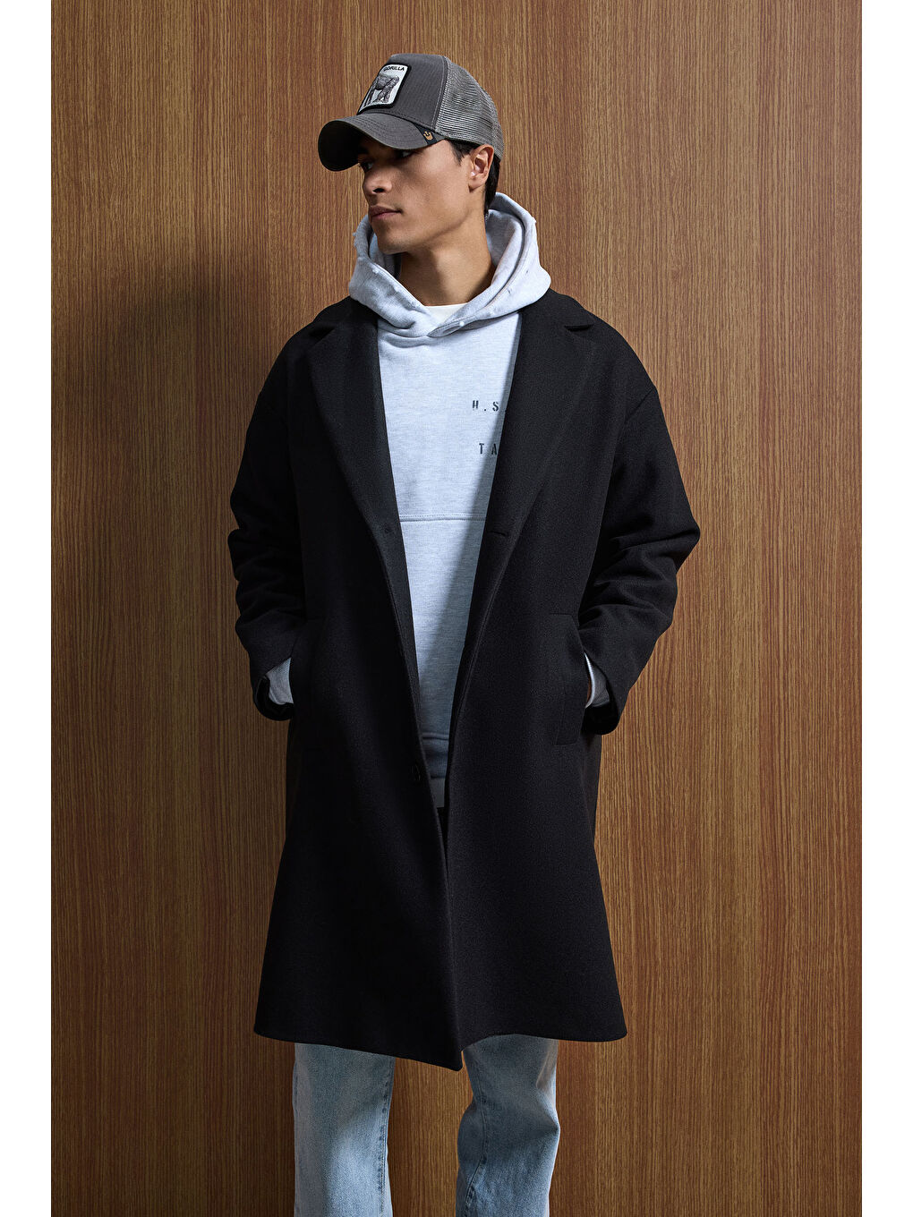 Erkek Oversize Uzun İtalyan Kaşe Kaban Siyah-4