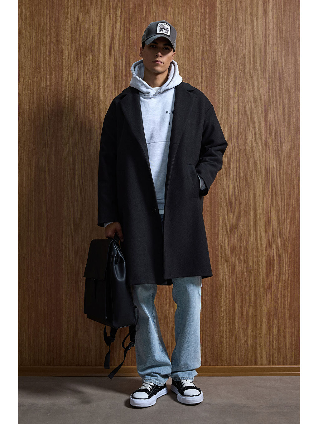 Erkek Oversize Uzun İtalyan Kaşe Kaban Siyah-5